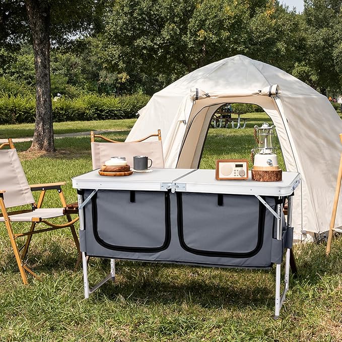 Outdoor Folding Camping Table with Storage Compartment, 4ft Portable Pinic Table with 3 Adjustable Height, Carry Handle，for BBQ, Party, Camping, White