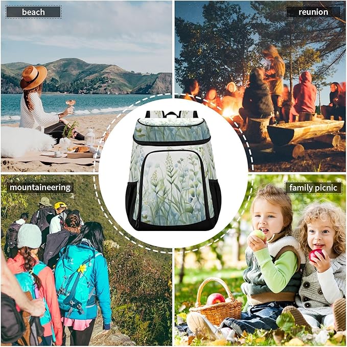 YETTASBIN Leakproof 36 Cans Cooler Backpack for Men Women - Green Wildflower Insulated Backpack Cooler Large Capacity Waterproof Lunch Bag for Hiking, Camping, Beach, Fishing, Work