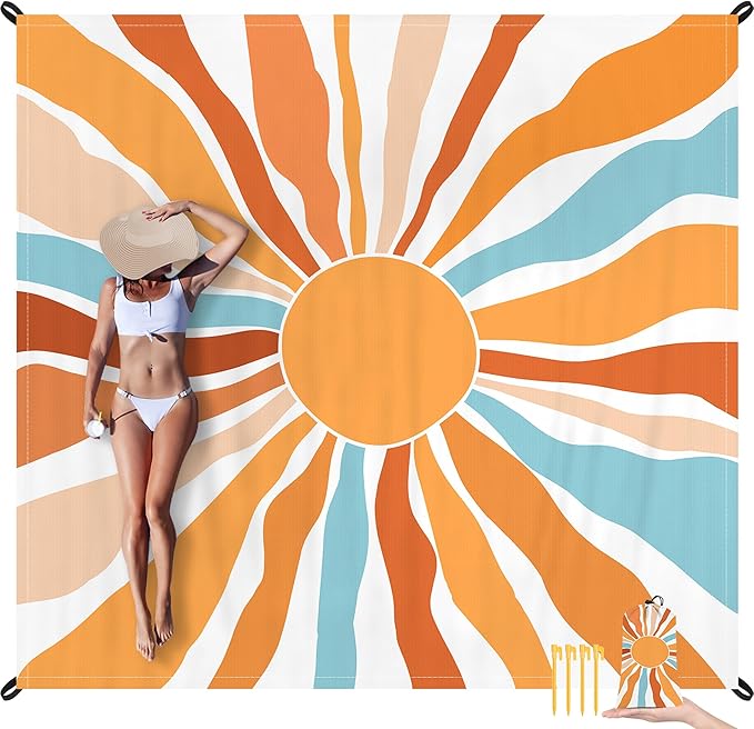 Beach Blanket Waterproof Sandproof, Oversized Picnic Blankets with Stakes and Sand Pockets, Lightweight Quick Drying, Extra-Large Portable Beach Mat for Outdoors, Camping, Hiking Trips-Summer Sunshine