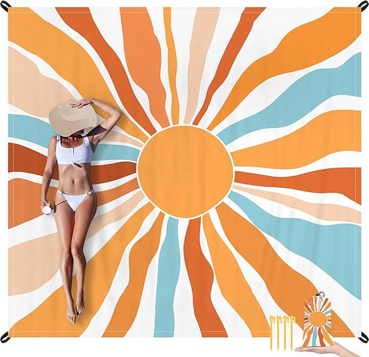 Beach Blanket Waterproof Sandproof, Oversized Picnic Blankets with Stakes and Sand Pockets, Lightweight Quick Drying, Extra-Large Portable Beach Mat for Outdoors, Camping, Hiking Trips-Summer Sunshine