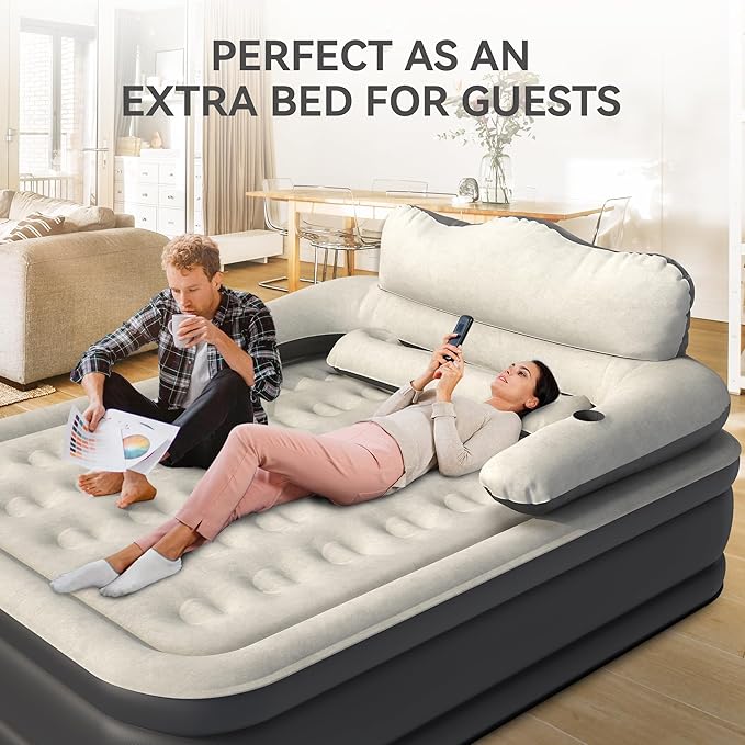 YITAHOME Queen Size Air Mattress with Headboard, 18in Inflatable with Pillow, Blow Up Mattress with Removable Electric Pump, Comfort Air Bed Queen for Camping & Home, Black & Gray