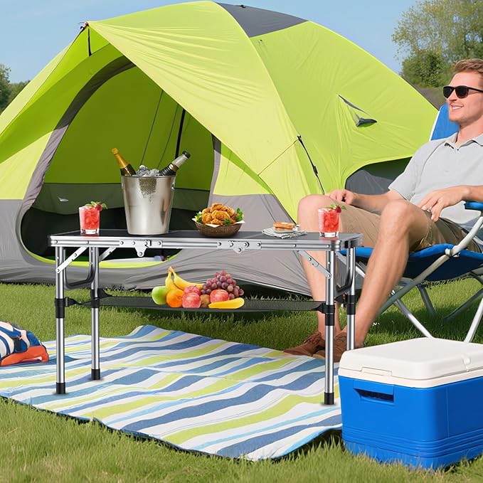 Folding Camping Table with Storage Net, 3ft Camping Table Aluminum Folding Table with 3 Adjustable Height Max 27.1 Inch Picnic Table Portable Table for Outdoor Backyard BBQ, Black