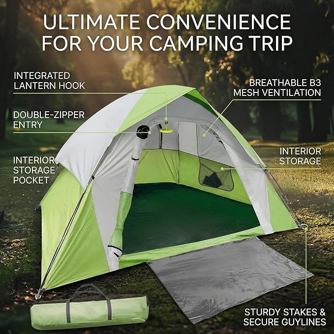 XL 4 Person Dome Camping Tent, Double Layer Waterproof, Removable Rain Fly, for Outdoor Hiking, Fishing