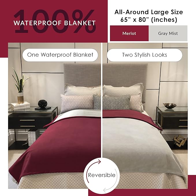 Waterproof Blanket | Machine Washable Dog Bed Cover | Water Proof Blanket to Protect Your Bed Couch Car from Leaks Spills & Accidents | for Adults Dogs & Pets | Oversized Queen Fit - 65x80in (Merlot)