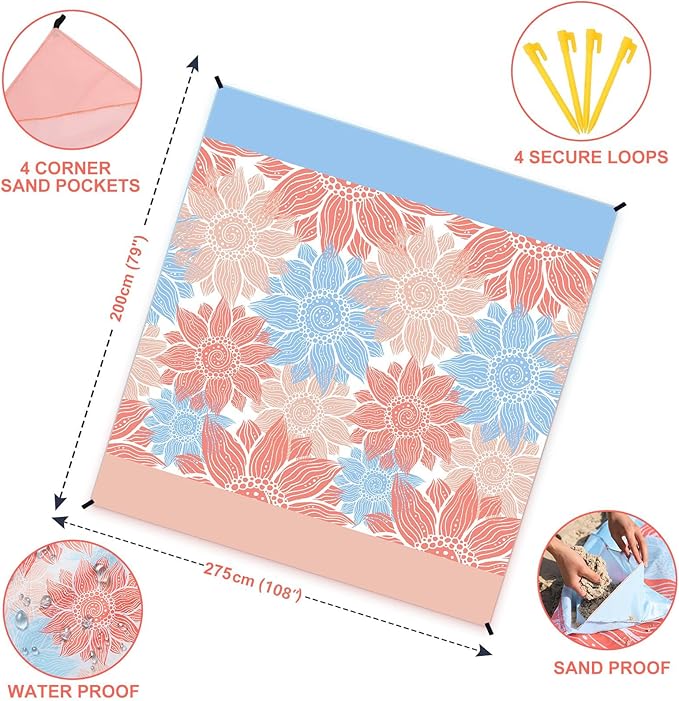 Beach Blanket Waterproof Sandproof Extra Large Beach Mat 79" X 83"/120"x108"for 1-8 Adults Quick Drying Durable Outdoor Picnic Mat for Beach Travel Camping Hiking