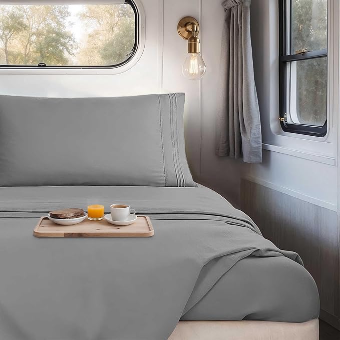 Hearth & Harbor Short Queen Sheets for RV, Grey RV Queen Sheets, Silky Soft 1800 Microfiber Bed Sheet for Camper, 4 Piece RV Bedding with Pillowcases