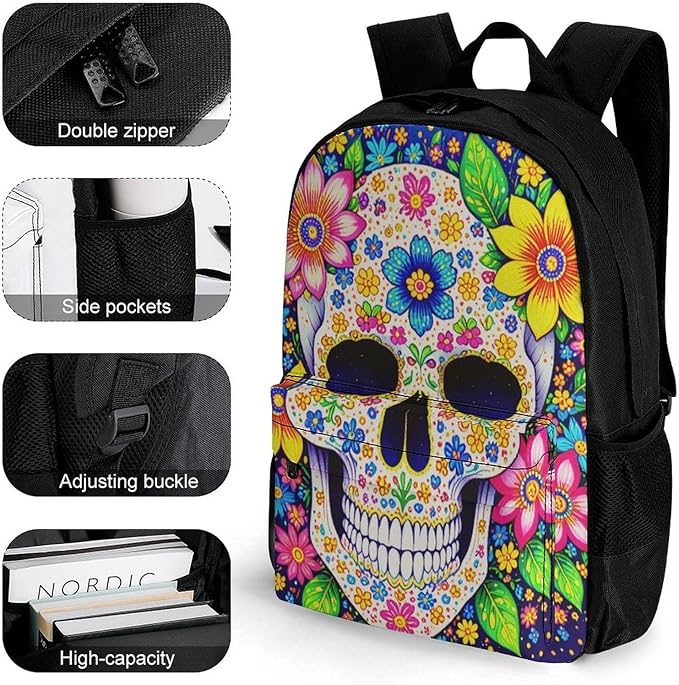 Supdreamc Men Women Polyester Sugar Skull Colorful Day Of The Dead Art Daypack Backpack Large Capacity Carry On Bag With Smooth Zippers for Hiking Picnic Walking Cycling