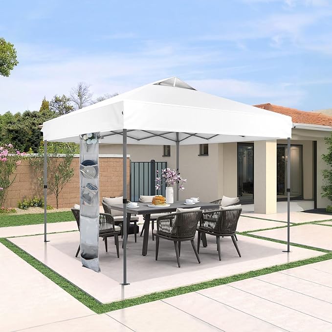 GREEN PARTY 10x10 ft Pop Up Canopy Tent, 1-Person Setup Instant Outdoor Canopy with Vented Top, Wheeled Carry Bag, 4 Ropes & 4 Sandbag -White
