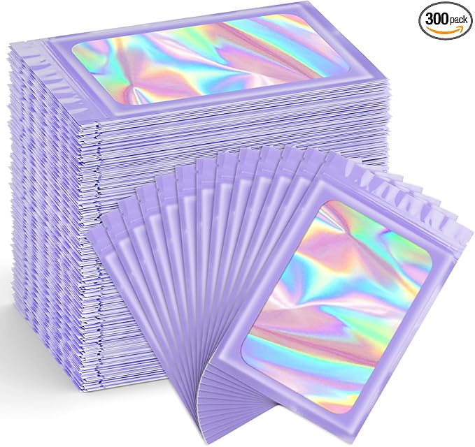 Funfery 300 Pack Smell Proof Resealable Bags for Food Storage,Holographic Bags 4x6 Purple Mylar Clear Packaging Bag- Scent Proof for Cookies, Zip Foil Pouch for Small Business