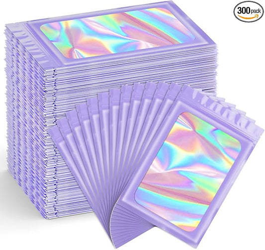 Funfery 300 Pack Smell Proof Resealable Bags for Food Storage,Holographic Bags 4x6 Purple Mylar Clear Packaging Bag- Scent Proof for Cookies, Zip Foil Pouch for Small Business