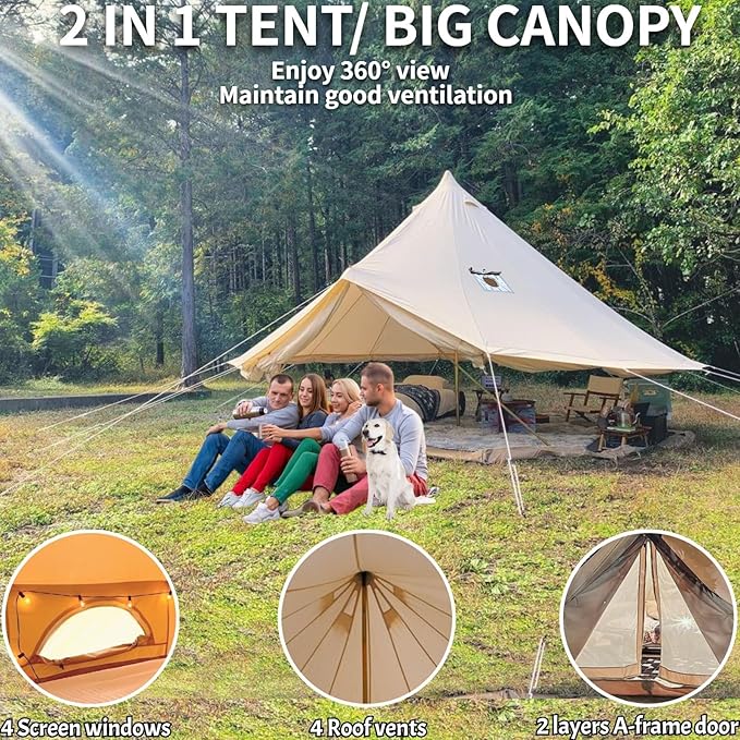 DANCHEL OUTDOOR 4 Season Canvas Bell Tent with Waterproof Rain Fly Tarp with Stove Jack for 6 Person Camping Glamping, 5m/16.4ft