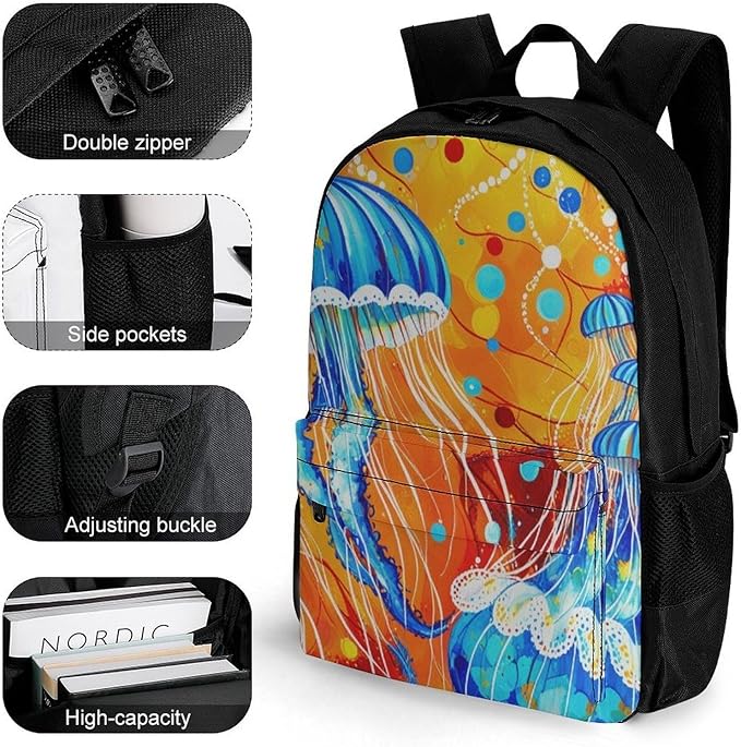 Supdreamc Backpack Anti-Theft Multipurpose Large Capacity Carry On Bag, Watercolor Ocean Sea Jellyfish Art Camping Outdoor Backpack With Side Pockets