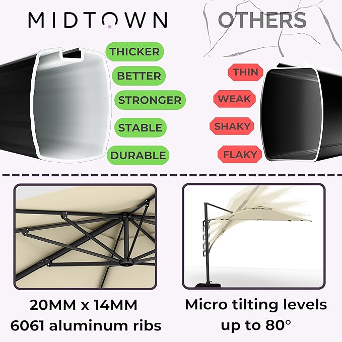 Midtown Umbrellas 10 Ft Outdoor Cantilever Patio Umbrella w/Sunbrella Antique Beige Fabric - 360° Rotate Offset Patio Umbrella, Deck Patio Umbrella, Backyard Umbrella & Garden Umbrella - Black Frame