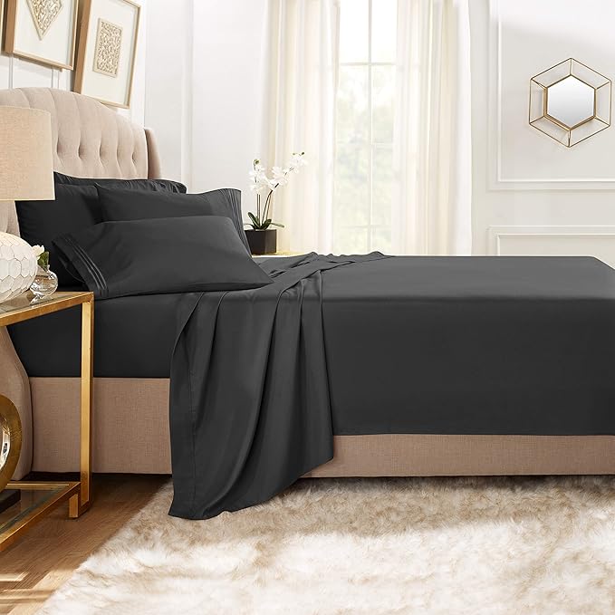 Clara Clark King Sheets, 6 Piece Set - Hotel Luxury Sheets for King Size Bed, Super Soft Bedding Set, King Size, Black