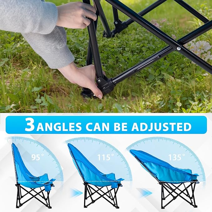 Outdoor Oversized Camping Chair, Heavy Duty Support 500 LBS for Adults, Portable Folding Wide Lawn Chair with Headrest Support and Cup Holder, Low Camping Chair for Fishing, Garden, Blue