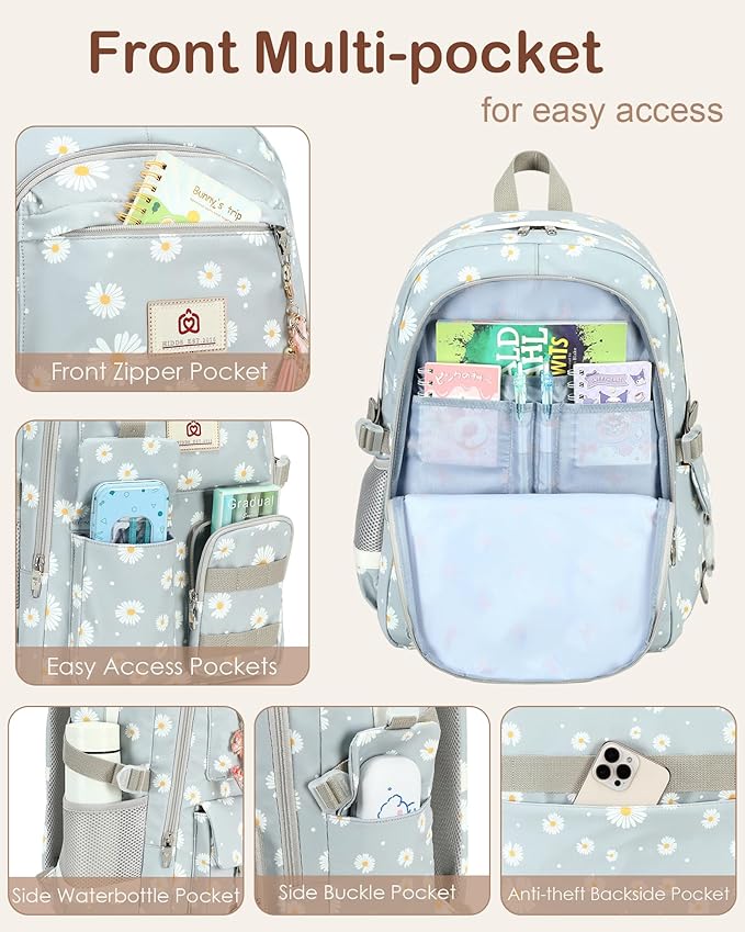Laptop School Backpack for Teen Girls Women 15.6 Inch Cute College Backpacks Large Elementary Middle High School Bag Kids Student Daisy Bookbag Anti Theft Travel Back Pack Casual Daypack (Grey-Daisy)