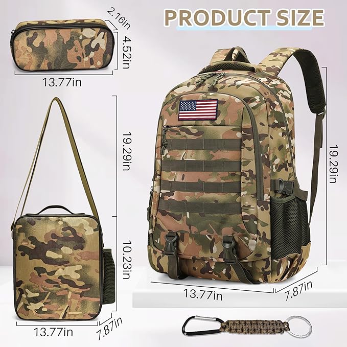 Camo Backpack for Boys backpack for 19'' Students Bookbag for Boy Bookbag and Lunch Box Pencil Case 3 in 1 Set School Bags Children Kids Teens Elementary Middle High School Outdoor Camping