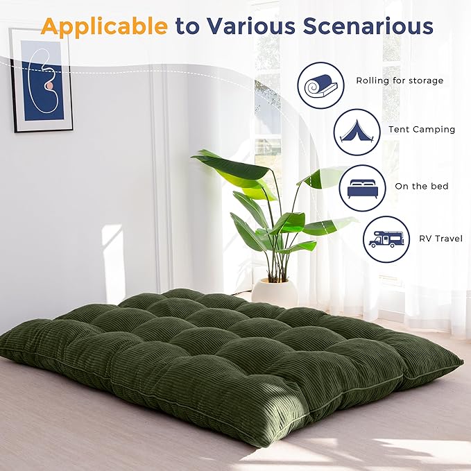MAXYOYO 6" Japanese Floor Mattress, Foldable Futon Mattress Queen Size, Tufted Roll Up Floor Bed, Thick Tatami Mat Sleeping Pad Portable Lounger for Camping Guest Room Dormitory Bedroom RV, Dark Green