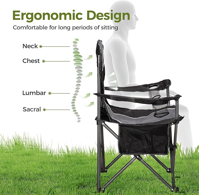 ALPHA CAMP Oversized Camping Folding Chair - Heavy Duty Steel Frame Support 350 LBS, Collapsible Padded Arm With Cup Holder, Quad Lumbar Back, Portable for Outdoor/Indoor