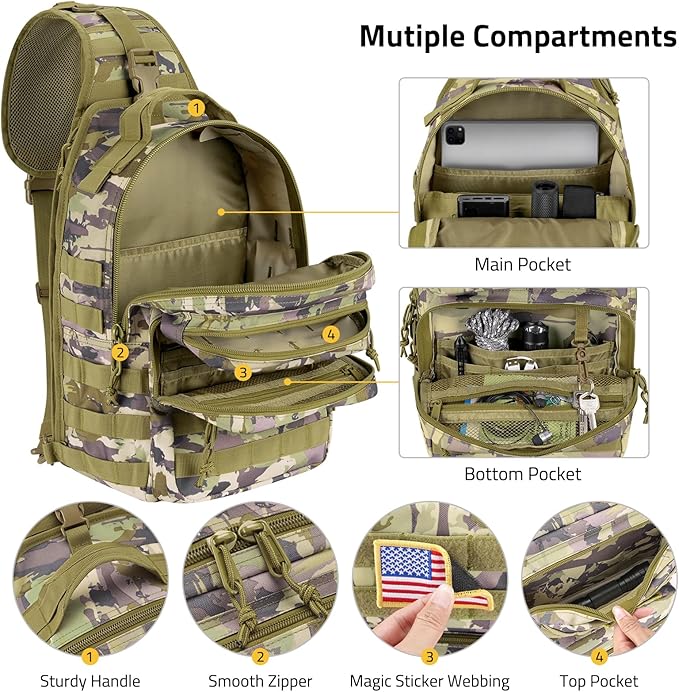 CVLIFE Tactical Sling Bag Backpack for Men Military Shoulder Sling Bag Molle Army Assault Detachable Tactical Bag with Bottle Holder Concealed Carry Daily Day Pack Work Bag for EDC Hiking, Auriclash