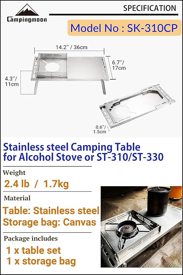 CAMPINGMOON Solo Camping Table Small Tabletop Heat Shield Windshield Stainless Steel Lightweight Compact with Storage Bag for ST-310 Alcohol Stove SK-310CP (Silver)