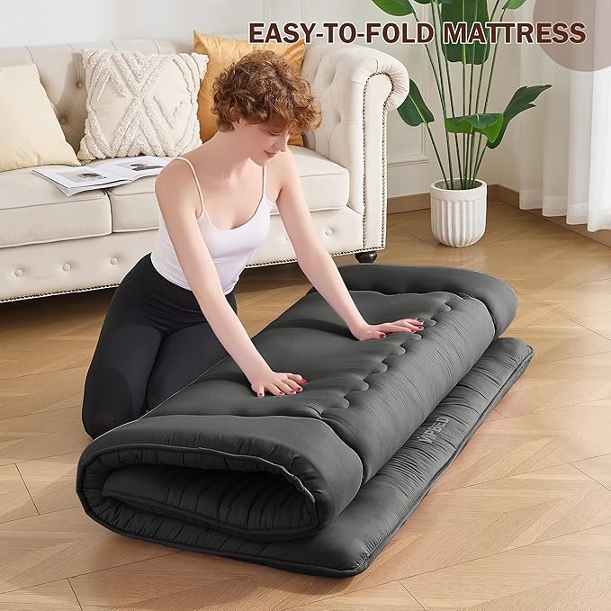 Japanese Floor Futon Mattress 25D Full Size 54"x 80", 4" Thicken Foldable Mattress Tatami, Breathable & Supportive Tatami Mat for Guest Room, Kids Space & Dorm, Solid Black