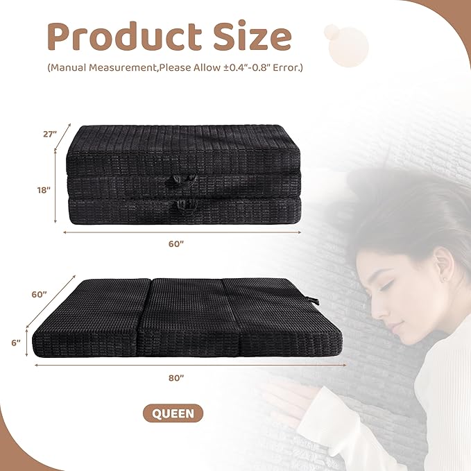 BYBYME Memory Foam Tri-Folding Mattress, 6 Inch Gel Folding Mattress Topper, Foldable Soft Guest Bed Camping Pad, with Washable Cover