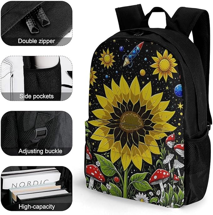 Supdreamc Men Women Lightweight Psychedelic Sunflower Mushroom Floral Art Daypack Bookbag Big Capacity Carry On Bag With Side Pockets for Camping Travel Bicycle