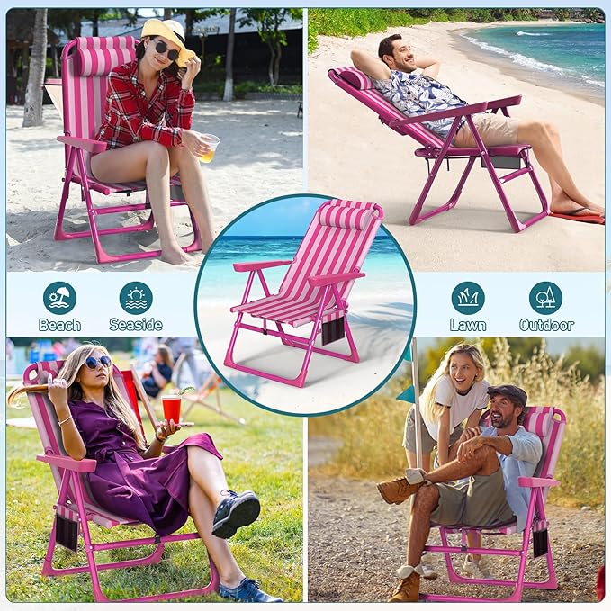 Suteck Backpack Beach Chairs for Adults 2 Pack, 6-Position Folding Reclining Chair with Cooler Bag & Cup Holder, Lightweight Portable Beach Chair for Camping, Outdoor, Sand, Travel Use
