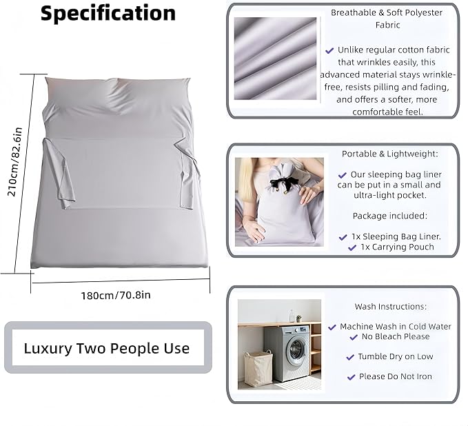 Sleeping Bag Liner for Adults, Lightweight Travel Sleep Sack with Carry Bag, Compact Portable Sleeping Sheet for Camping, Hiking, Hostels, Hotels and Backpacking