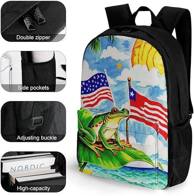 Supdreamc Rucksack Anti-Theft Multipurpose Big Capacity Carry On Bag, Flag Of American Palm Tree Frog Traveling Camping Backpack With Side Pockets