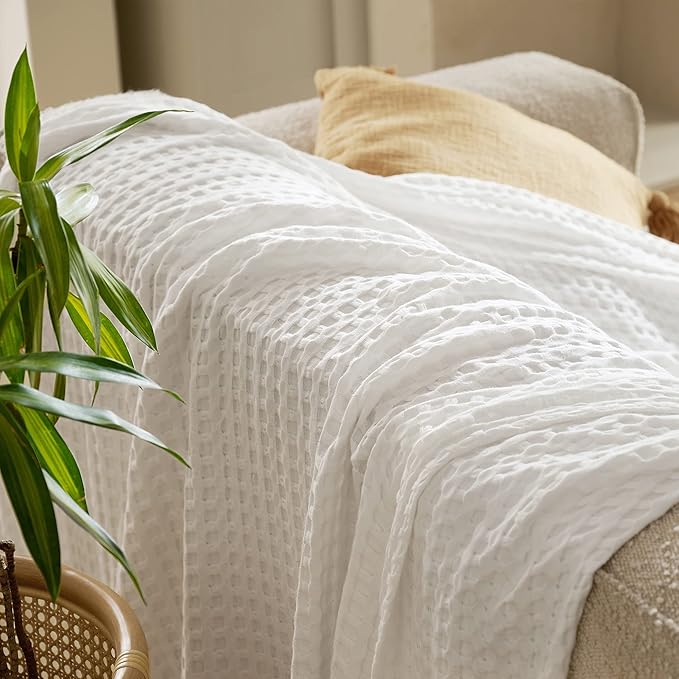 Bedsure Cooling Cotton Waffle Weave Throw Blanket - Lightweight Breathable Blanket of Rayon Derived from Bamboo for Hot Sleepers, Luxury Throws for Bed, Couch and Sofa, Ivory, 50x70 Inches