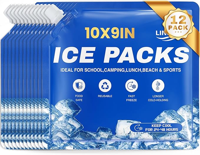 Ice Packs for Cooler 12Pcs 2025 Upgrades Freezer Lunch Boxes Reusable Coolers Shock Wheels Long Lasting Dry Pack Large Cold Blocks Accessories Cubes Slim Box Flat Camping Essentials 10x9x1 In