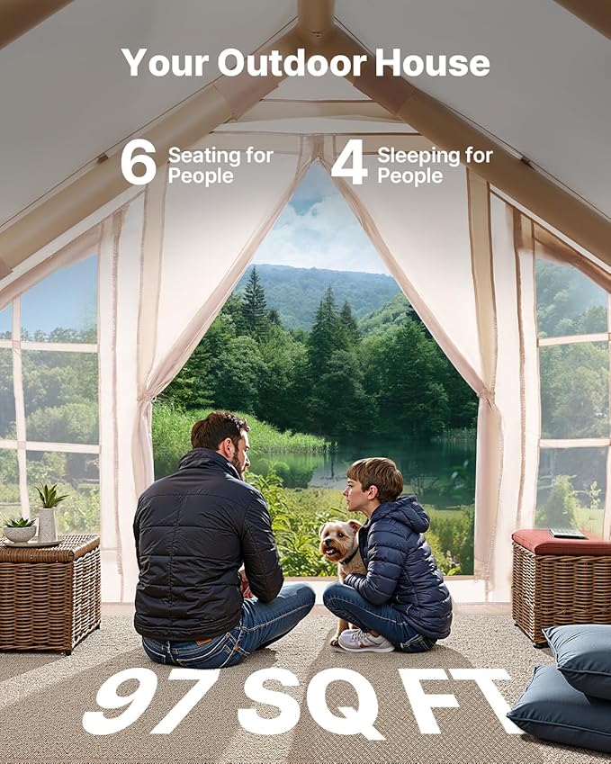 VEVOR Inflatable Tents for Camping, Easy Setup Blow up Tent with Hand Pump, 4 Season Glamping Tent with Stove Jack, Doors & Mesh Windows, Storage Bag Included for Easy Taking