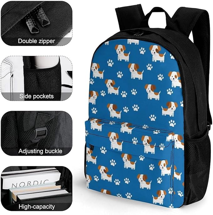 Daypack Backpack Polyester Multipurpose Anti-Theft Beagles Paw Navy Blue Printed Shoulder Bag Big Capacity Gym Outdoor Hiking Backpack With Smooth Zippers