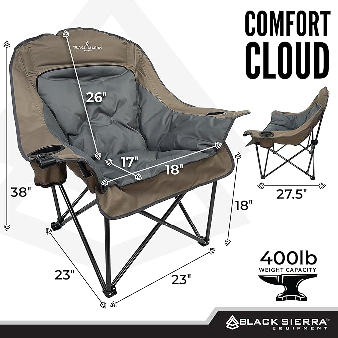Black Sierra Oversized Camping Chair for Adults, Heavy Duty Outdoor Seat with Plush Padding, Supports 400lbs, Cup Holder & Carry Bag, Comfortable Folding Chair for Tailgating, Patio, & Sideline Events