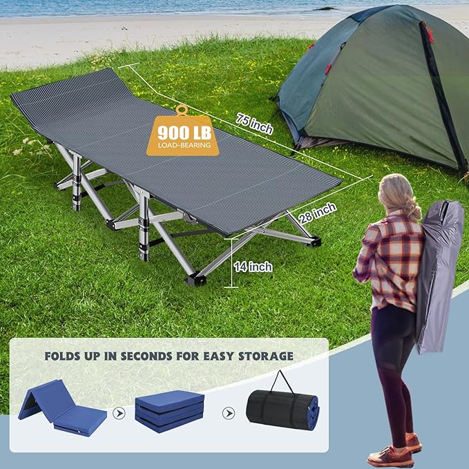 Slsy Camping Cot with 2" Memory Foam Mattress, Upgraded Padded Folding Cot Bed with Carry Bag, Portable Sleeping Cot for Camping, Travel, Beach & Hiking