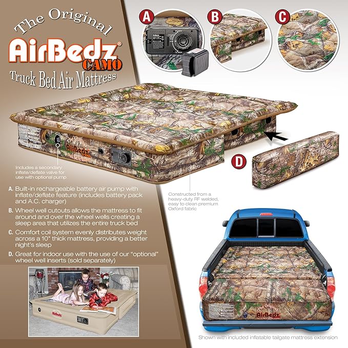 Pittman Outdoors PPI-405 AirBedz CAMO Truck Bed Air Mattress | Mid Size-Short Bed, 5-5.5 Feet in Length | Built-in Rechargeable Battery Air Pump | Includes Tailgate Extension , Camouflage