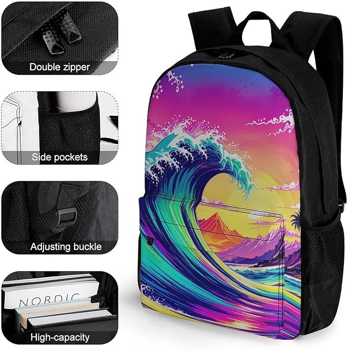 Supdreamc Polyester Daypack for Hiking Work Running, Big Capacity Anti-Theft Multipurpose Shoulder Bag, Colorful Raging Great Waves Travel and Sport Backpack Rucksack