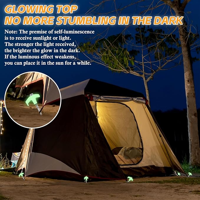 20 Pcs 8" Heavy Duty Drill Tent Stakes with Storage Bag, Glow-in-The-Dark Ground Anchor Peg, Metal Threaded Screw-in Tent Stake for Camping Swing Canopies with 1 Hex Nut Driver, Peg Puller