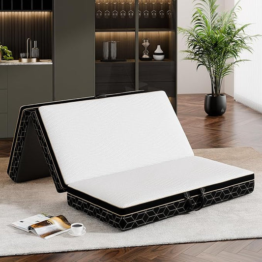 Tri-Fold Memory Foam Mattress Twin - 6 Inch Portable Folding Mattress with Handle & Washable Cover, Floor Bed with Non-Slip Base, Space-Saving for Room, Travel, Guest Bed, RV, 75"x38"x6"