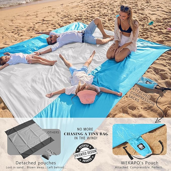 WEKAPO Beach Blanket Sandproof Waterproof, Extra Large Beach Mat, Oversized & Compact Sand Free Mat Quick Drying, Lightweight & Durable with Stakes & Corner Pockets