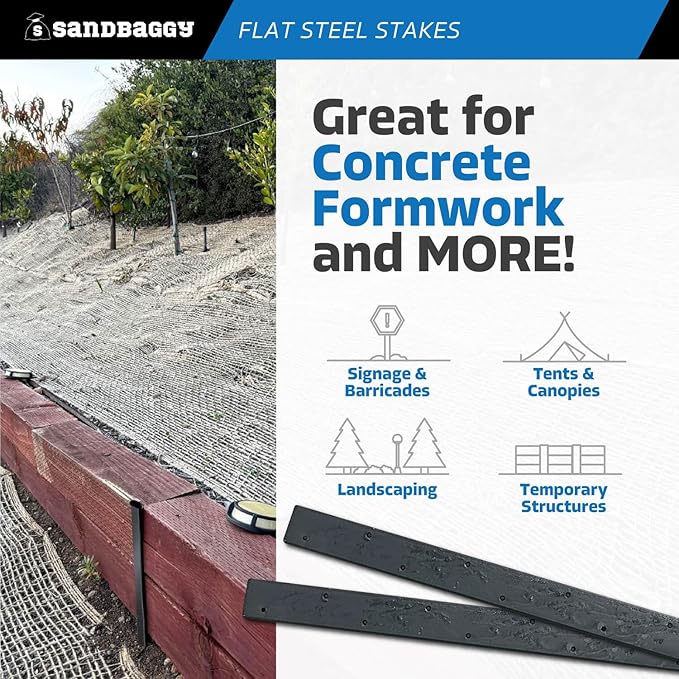 Sandbaggy Flat Steel Stakes for Concrete Forms with Nail Holes - 1.5" Wide - Painted - Removable, Reusable, V Point End - Construction Grade Stakes (120, 36 inch)