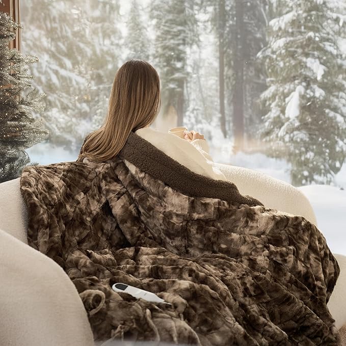 Bedsure Faux Fur Heated Blanket Throw Blanket, Fast Heating Electric Blanket with 6 Heating Levels & 4 Time Settings, Cozy Gifts for Women Men (50x60 inches, Dark Chocolate)