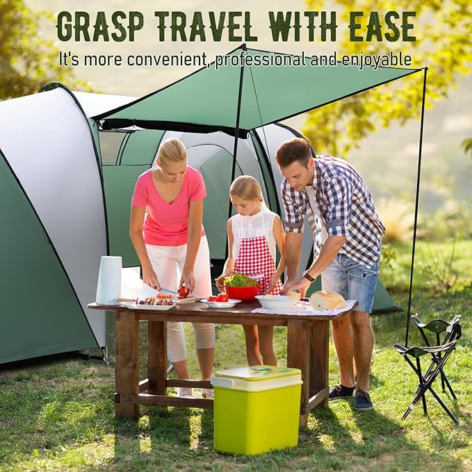 2-4 Person Family Camping Tent with Porch, Weatherproof Camping Shelter with Rainfly, 2 Room Easy Set Up Family Tent with Living Area for Outdoor, Backyard, Hiking