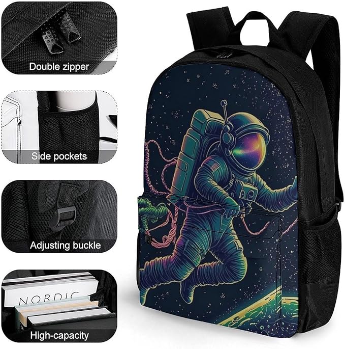 Men Women Lightweight Astronauta Trip Trippy Space Dreams Casual Daypack Large Capacity Bookbag With Adjustable Shoulder Straps for Gym Business Bicycle