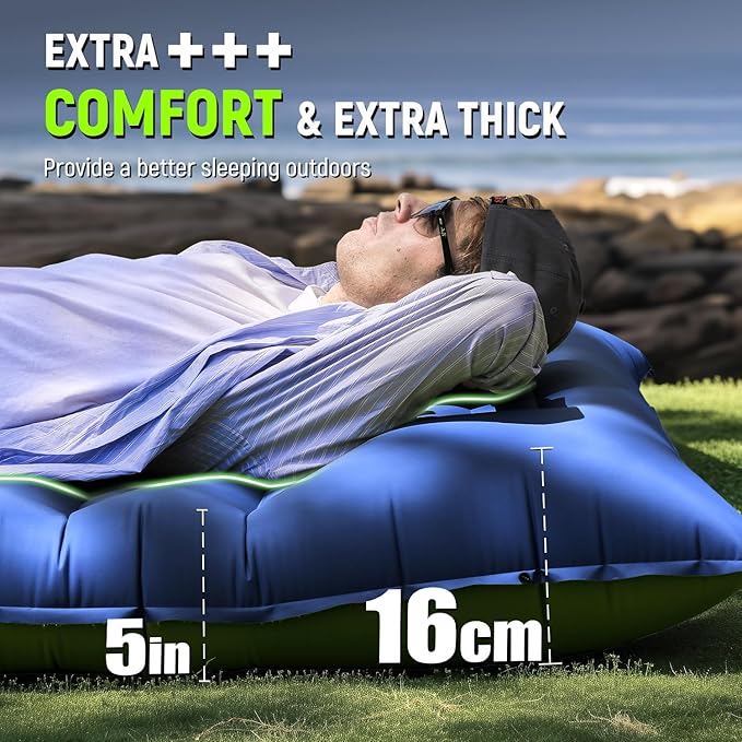 Sleeping Pad for Camping, 5 Inch Extra Thick Camping Sleeping Pad with Pillow Built-in Foot Pump, Lightweight Inflatable Sleeping Mat, Backpacking, Hiking, Tent
