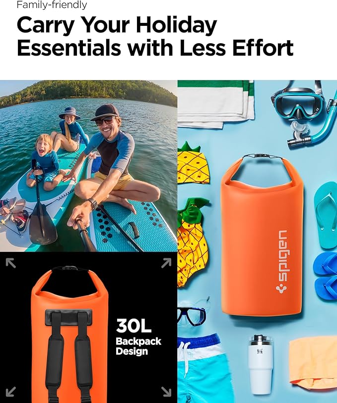 Spigen AquaShield Waterproof Dry Bag Backpack A631, 30L Roll Top Lightweight Dry Storage Bag for Travel, Swimming, Boating, Kayaking, Camping and Beach