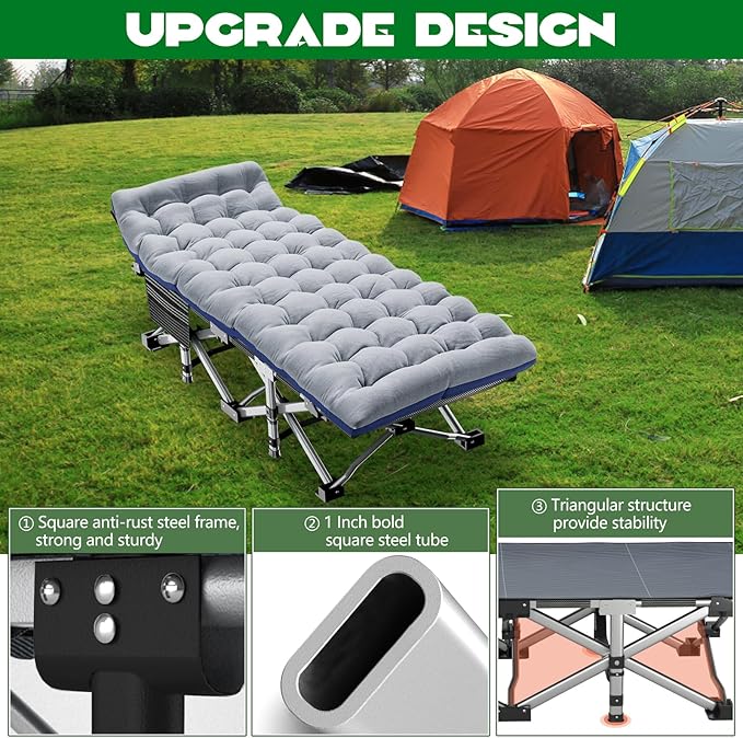 NAIZEA Folding Camping Cots for Adults, Portable Cot with Mattress Heavy Duty Outdoor Bed with Carry Bag 1200d Oxford Cloth Sleeping Cots for Camping Office Nap Home Guest Beach Travel