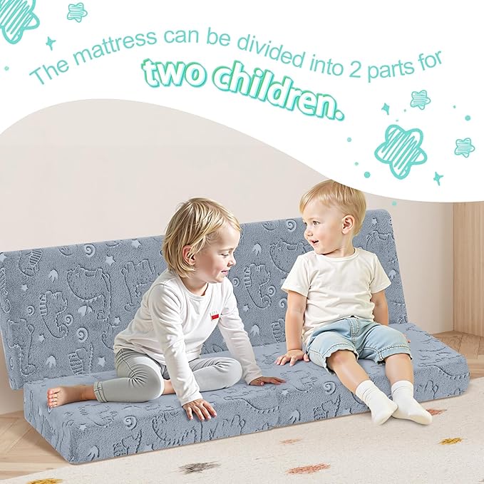 MeMoreCool Kids Folding Mattress, Trifold Foldable Floor Mattress for Kids, 63x26 Portable Floor Mat with Washable Cover and Carry Bag for Camping Sleepover Daycare, Grey Dinosaur